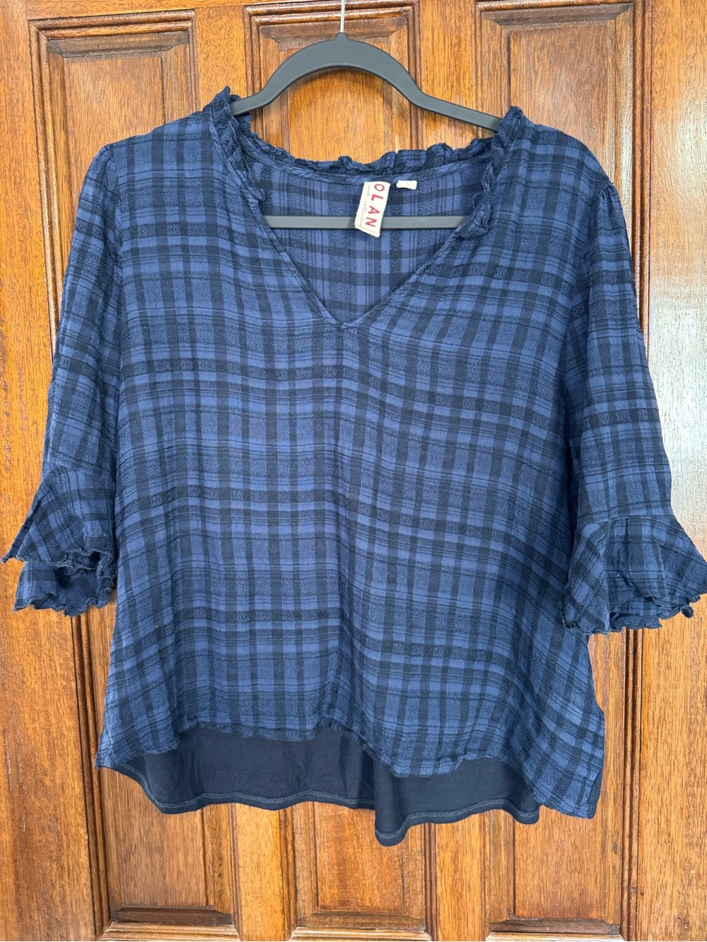 dolan Navy Blue Plaid V-Neck Ruffle Sleeve Top